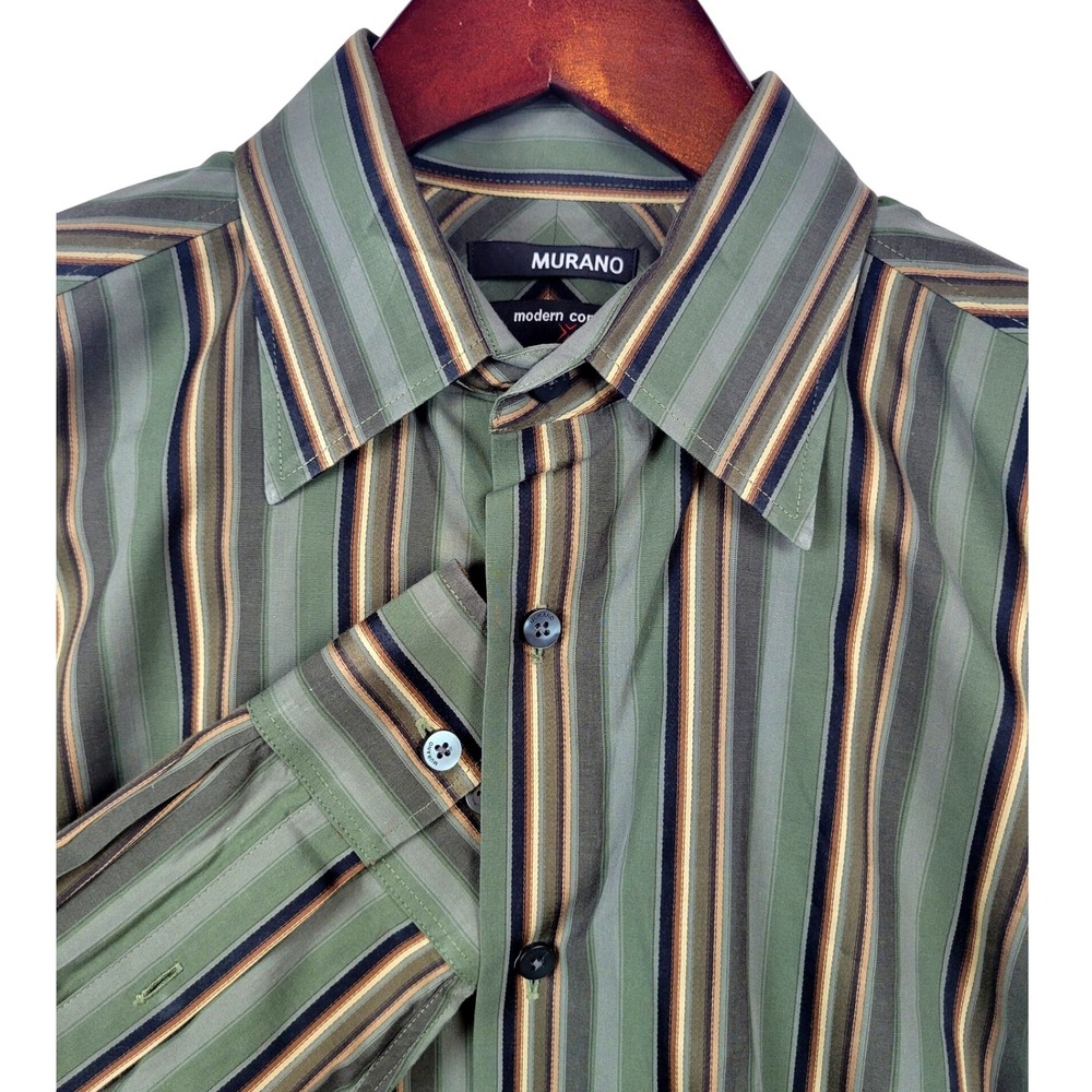Murano Modern Comfort‎ Green Striped Long Sleeve Button Up Shirt Men's